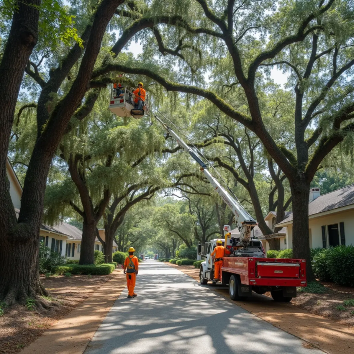 Tree service crew at work in Wilmington Island, Chatham County, GA near Johnny Mercer Boulevard