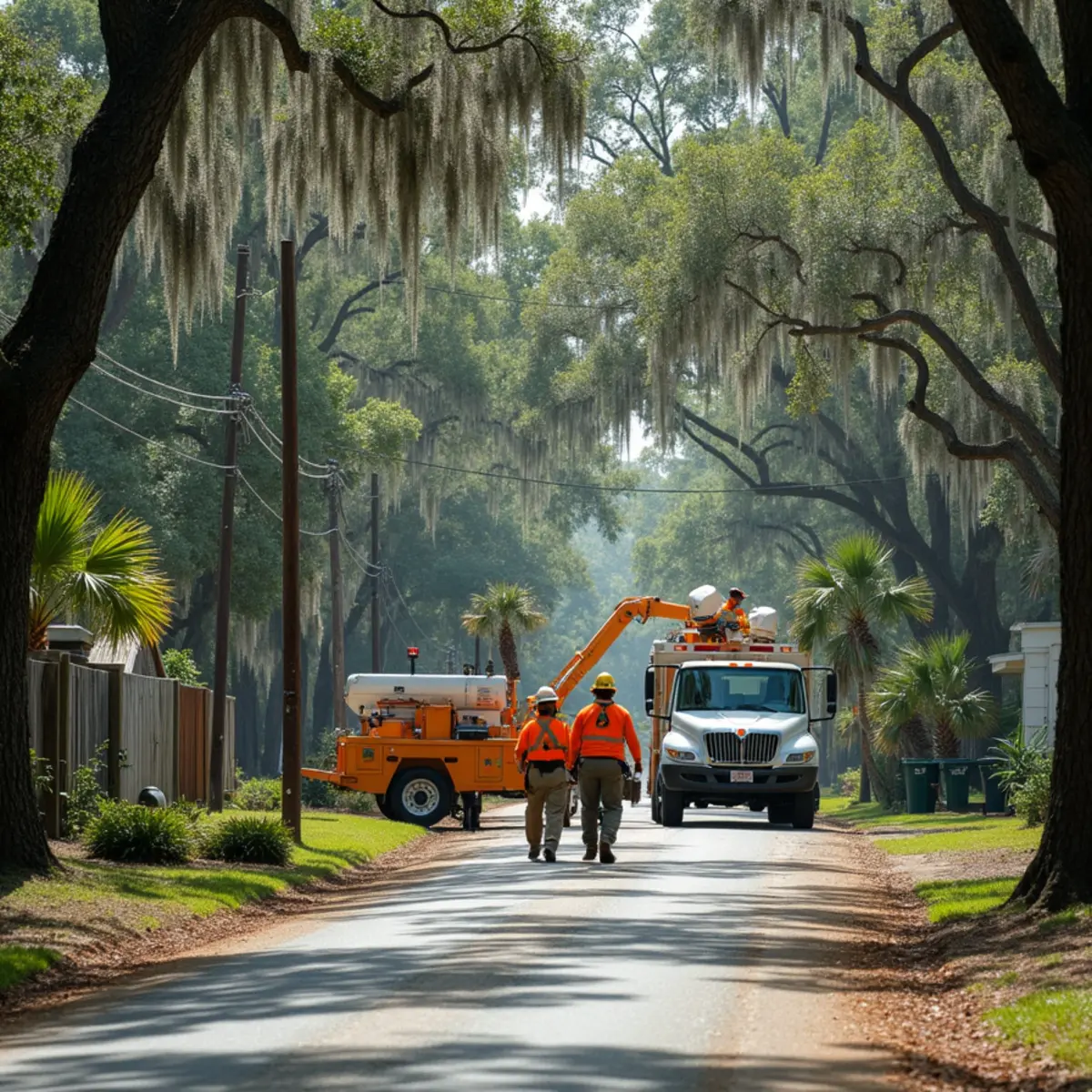 Tree service crew at work in Woodbine, Camden County, GA near US-17