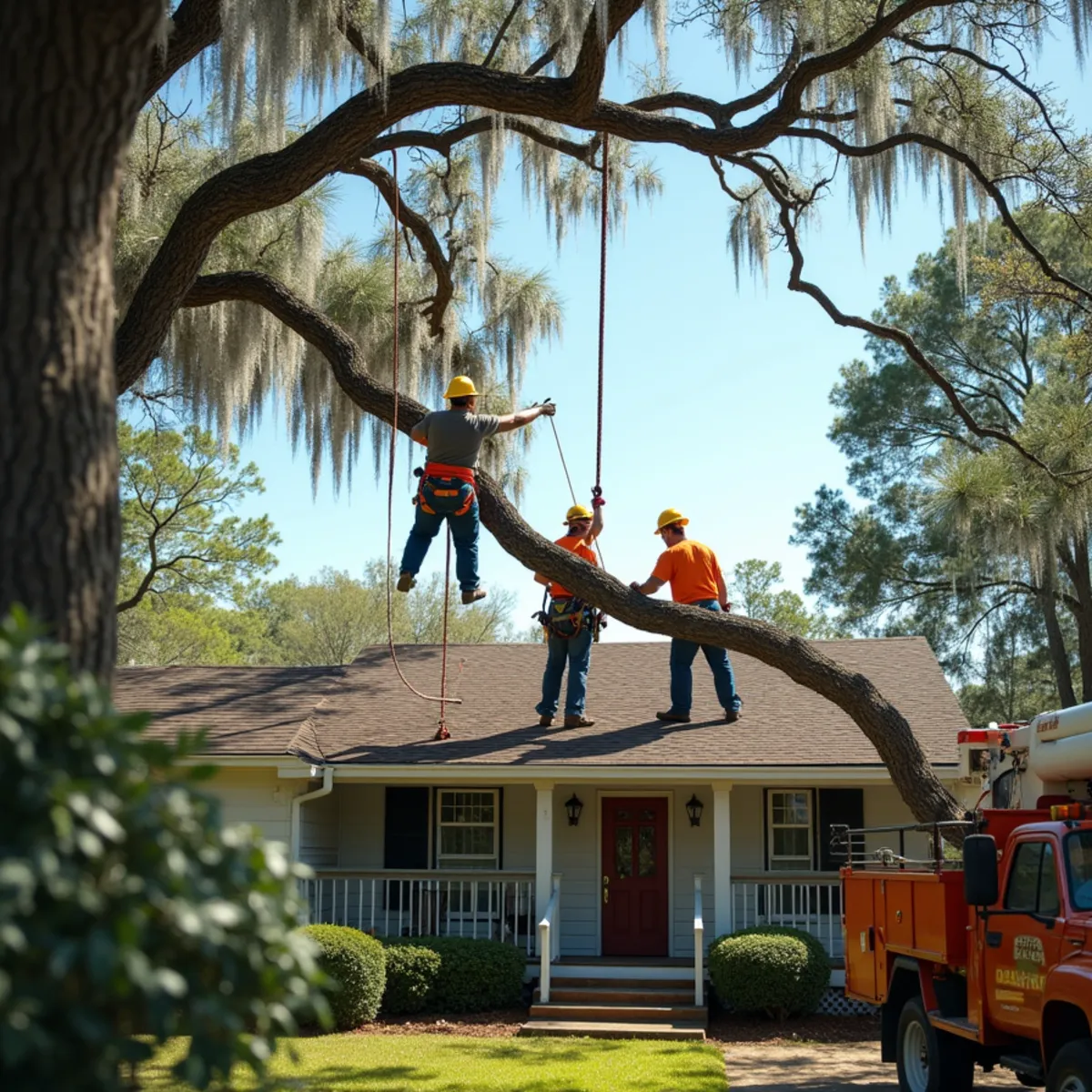 Tree Services Savannah GA crew performing tree on house / roof removal in Savannah, GA